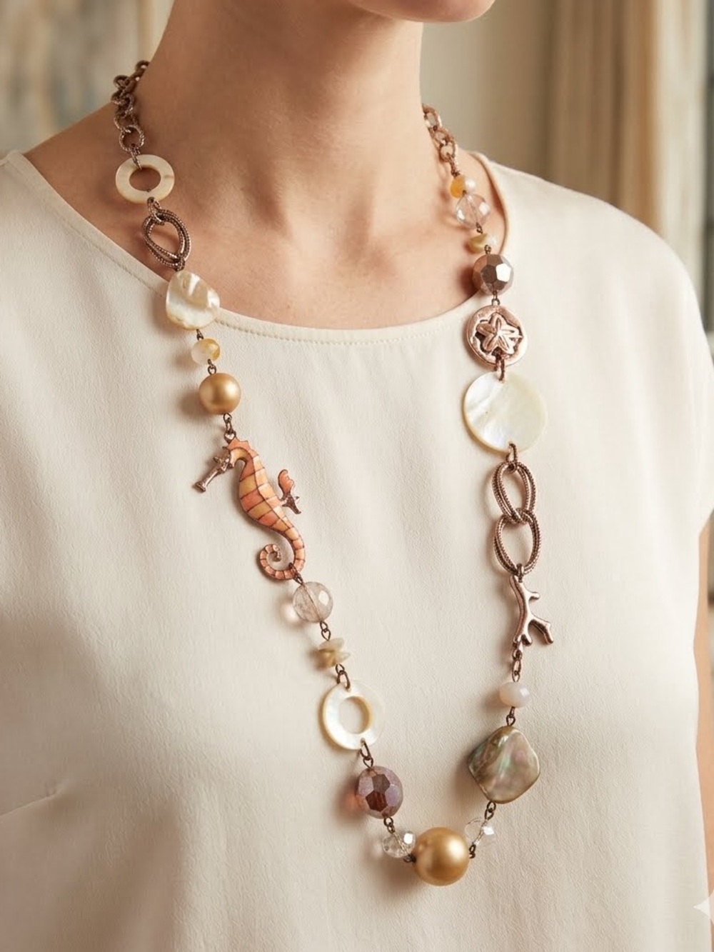Charming Charlie Ocean Seahorse Multi-Bead Long Necklace
